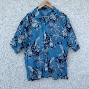 Bermuda Bay Mens XL Tropical Toucan Floral Silk Hawaiian Camp‎ Shirt Blue Resort